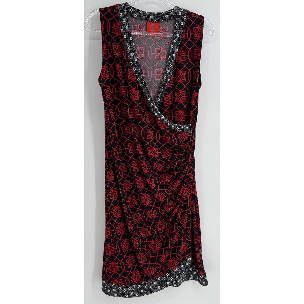 Tracy Negoshian Red Black Geometric Faux Wrap Ruched Sheath Dress Womens‎ Sz  XL